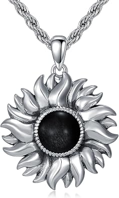Sun Necklace 925 Sterling Silver Black Obsidian Sun Pendant Necklaces for Men, w/Stainless Steel Chain 22+2