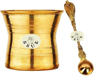 SSR Brass Handmade Anchmani Panchapatra Puja/Pooja Lota and Hawan Spoon Charnamrit Set (Golden) Worship Prayers Spiritual Religious Festivities Home Temple Use Gift
