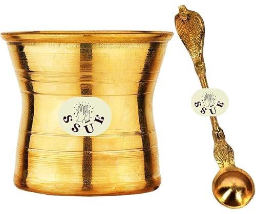 Brass Panch Jal Patra Achmani Pooja Kalash Lota with Spoon Holy Water Rituals Religious Spiritual Worship Prayer Home, Navratri Puja, Office, Temple Festivals Gift (2.5 Inches) Approx
