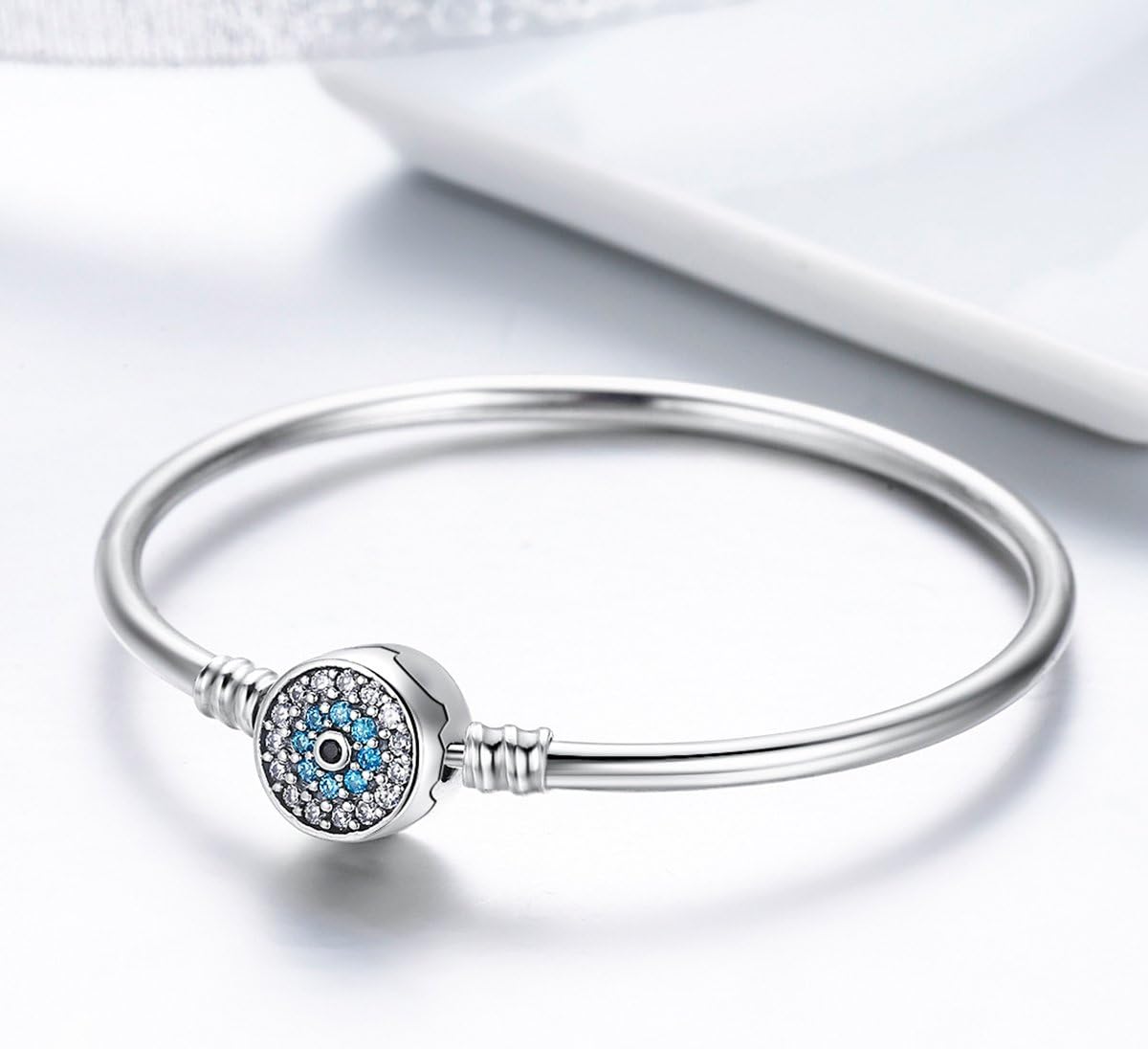 BISAER Evil Eye Bracelet Sterling Silver Clasp Charm Bangle Bracelet for Bead Charms with Sapphire Gemstones Evil Eye Clip Lock Stopper(17/19cm/ 21cm)
