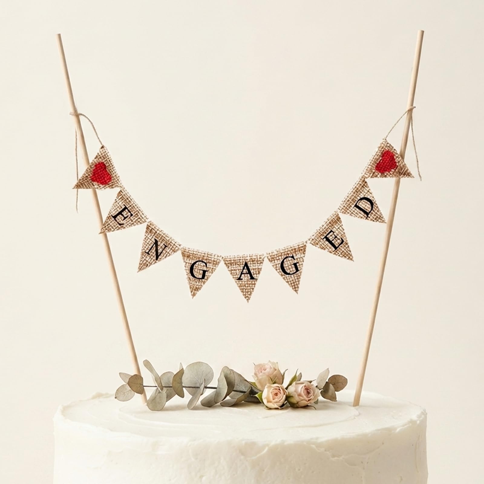 Brown Burlap Pennant with "ENGAGED" Lettering, Cake Topper for Engagement