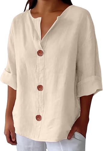 Betadog Womens Linen Shirts 3/4 Sleeve V Neck Button Down Tops Loose Fit Fashion Casual Summer Vacation Tunic Blouses 2026
