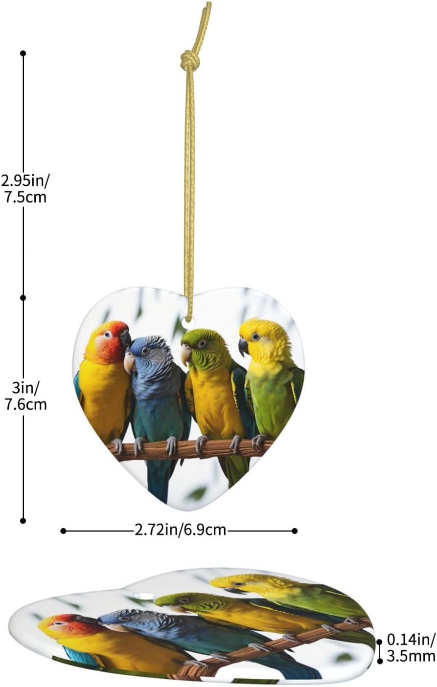 Ceramic Christmas Ornaments Heart Shaped Xmas Hanging Ornament Double-Sided Colorful Parrots On Tree Print Christmas Tree Pendants for Fireplace Party Holiday Wedding Xmas Decoration