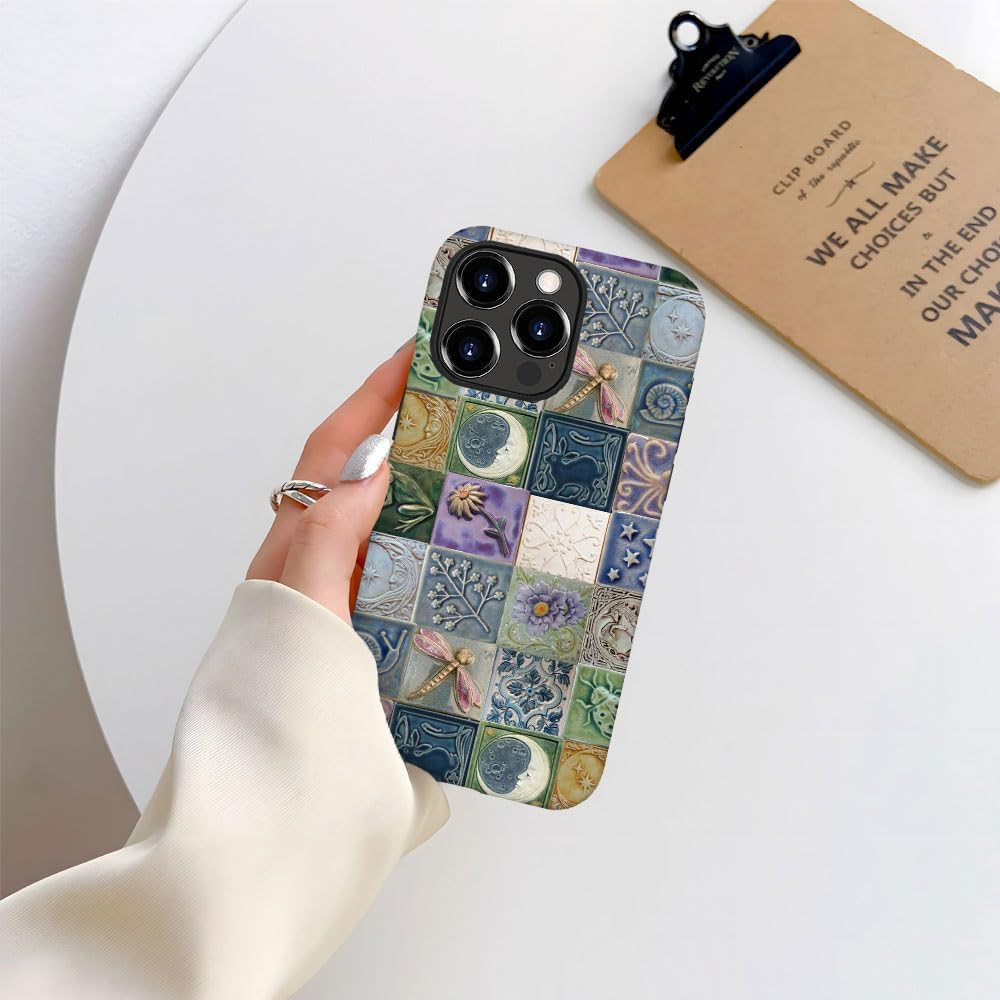 Compatible with iPhone 12 Pro Max,Durable & Shockproof Phone Case Cover Design - Tiles Pattern Moon Dragonfly Flower image 4