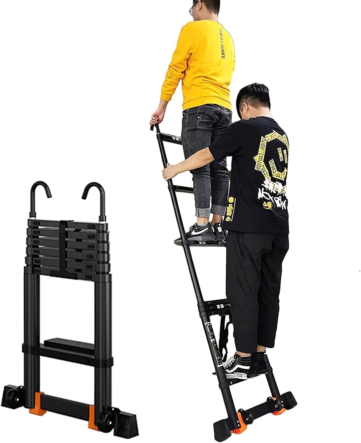 Extend Climb Ladders with Hooks & Stabilizer, 12.5ft/15.5ft/16.5ft Telescoping Ladder, Home/Outdoor Portable Telescopic Ladders
