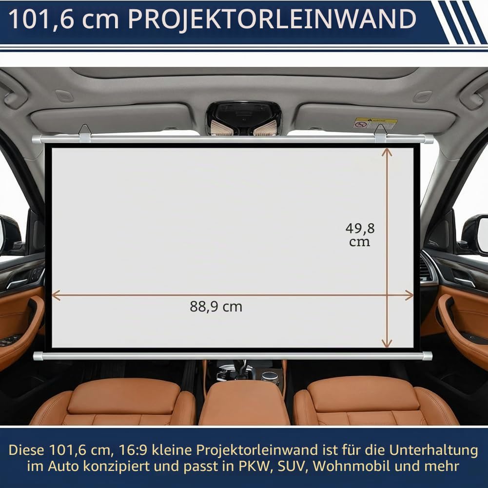 Projektor-Leinwand klein für Auto, 40 Zoll 16:9, 4K HD, tragbare Projektionsleinwand für Auto, manuelles Herunterziehen und Aufrollen Mini-Bildschirme, einziehbare kleine Projektor-Leinwände für Auto