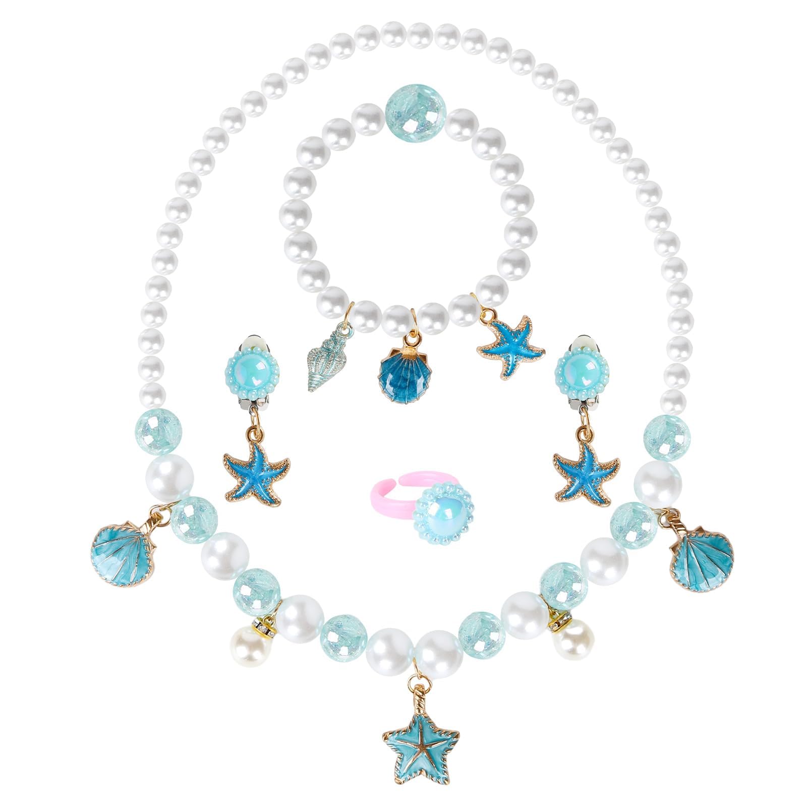 AzoneeKids Jewellery Sets for Girls, 5 Pieces Girls Jewellery Set Toys Children's Cartoon Necklace Jewelry Set Mermaid Jewellery Gifts Beaded Princess Jewelry Sets for Little Girls Kids