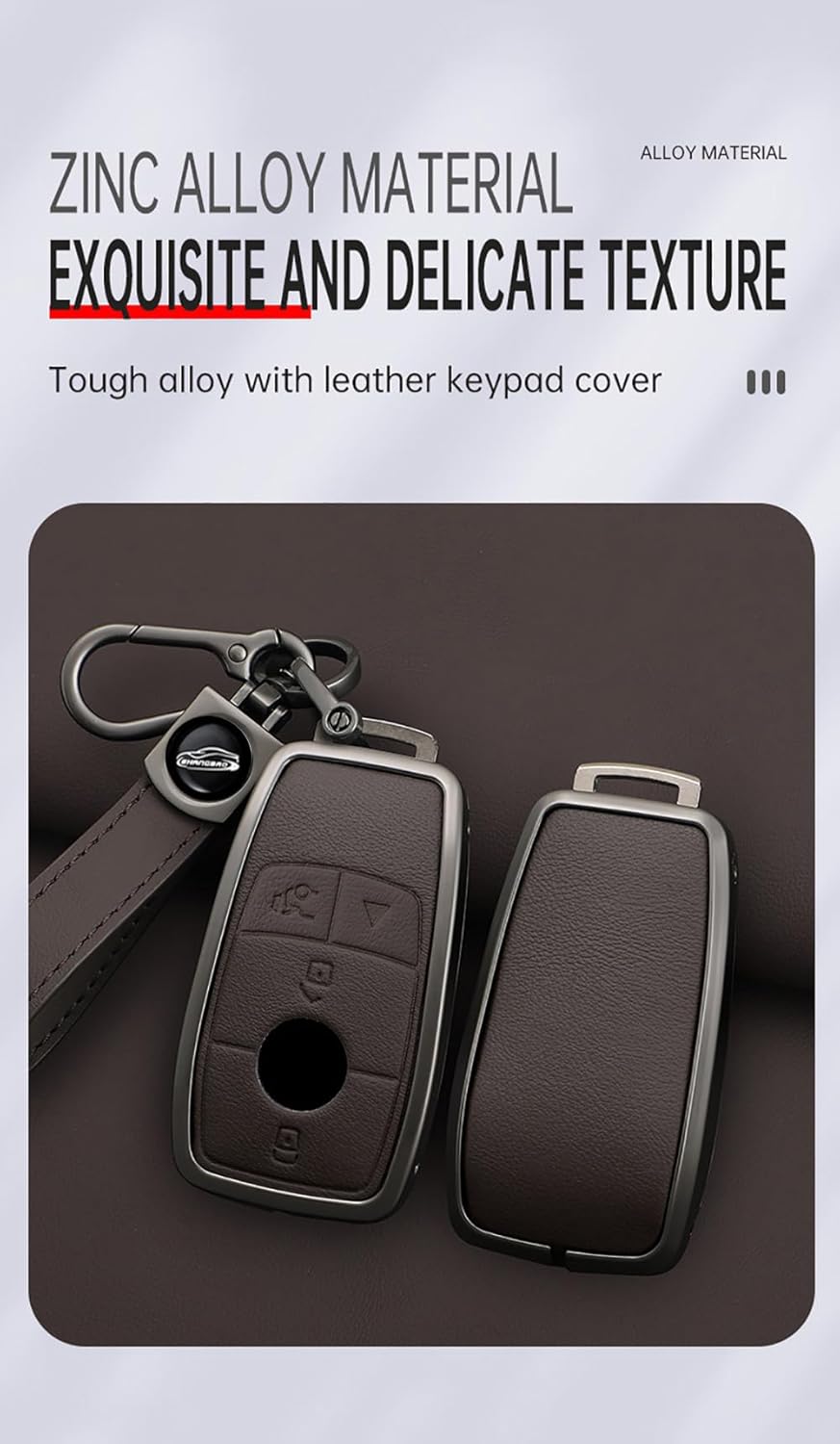 HIBEYO 4 Button Key Fob Cover Compatible with Mercedes Benz GLA GLE GLB GLS GLC CLA CLS C300 AMG A E S G Class Key Leather & Alloy Key Cover Accessories with Keychains-A Keychain Red
