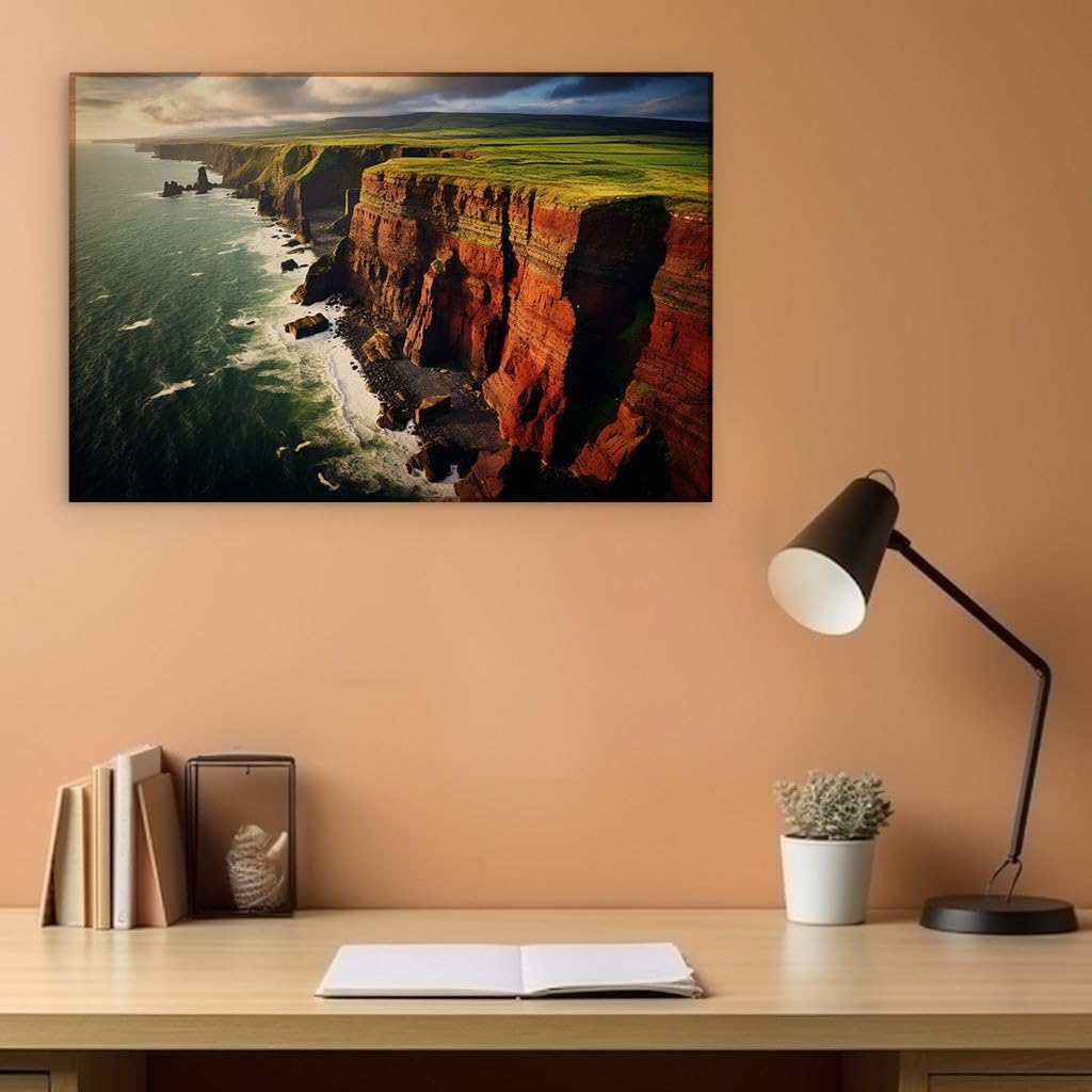 Canvas for Living room. Cliffside Majesty Amidst the Fury of Sea and Storm, 27 x 18 inch Canvas Wall Art - Sunset - Modern Home Decor - 69x46 cm (27x18 inch)