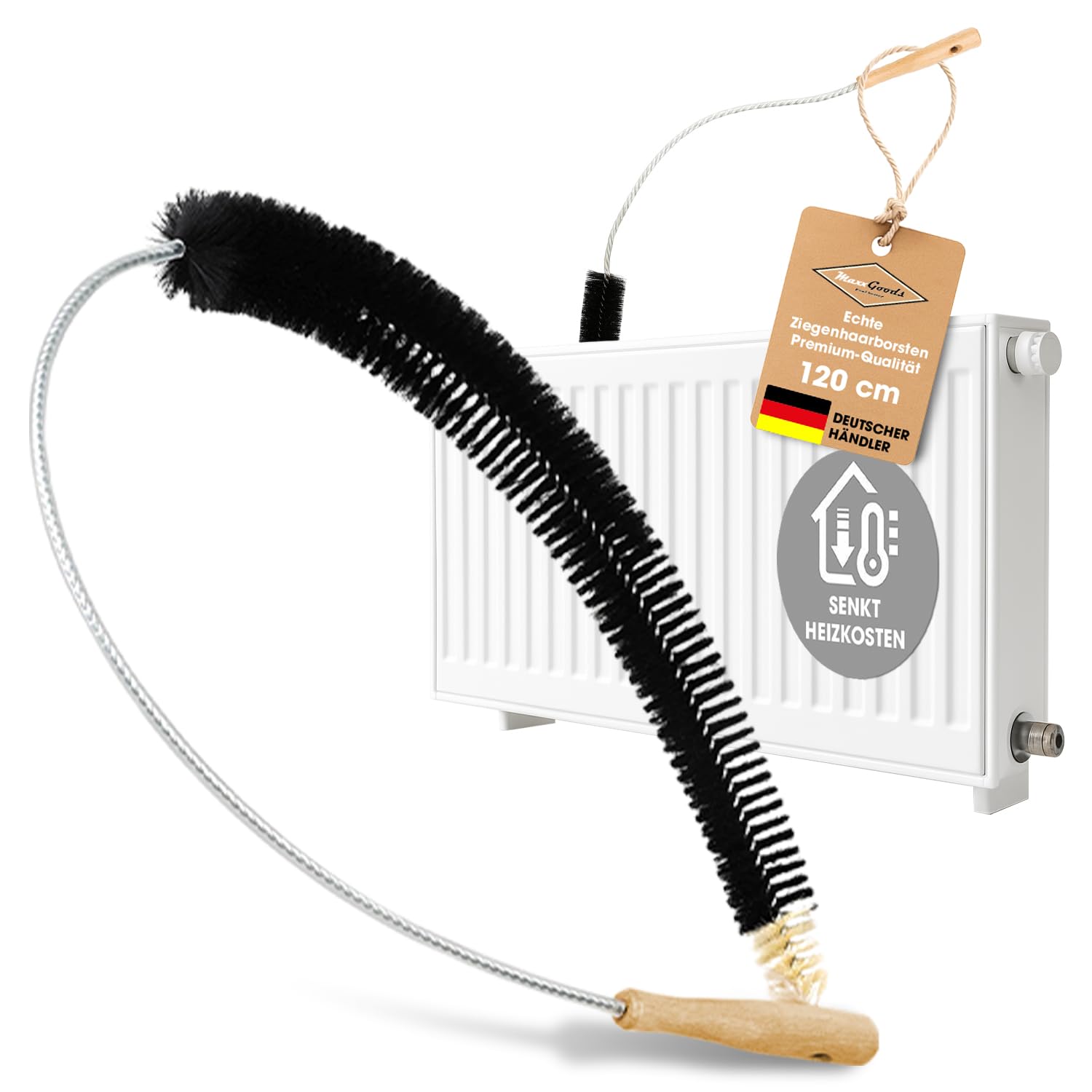 MaxxGoods Heizkörperbürste 120cm mit Ziegenhaar Borsten für Heizkörperreinigung - Heizungsbürste, Flachheizkörper, Rippenheizkörper - Heizkörper Reinigungsbürste Edelstahldraht & Kunststoffummantelung