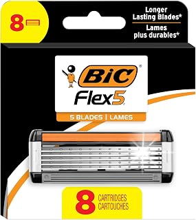BIC Flex 5 Refillable Razor Refills for Men - 8 Pack Long-Lasting 5-Blade Cartridges with Aloe Lubricating Strip & Precision Edging