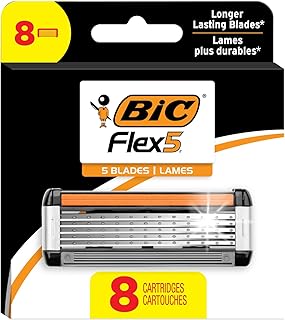 BIC Flex 5 Refillable Razors for Men, Long-Lasting 5 Blade Razors Refills for a Smooth and Comfortable Shave, 8 Razor Cartridges