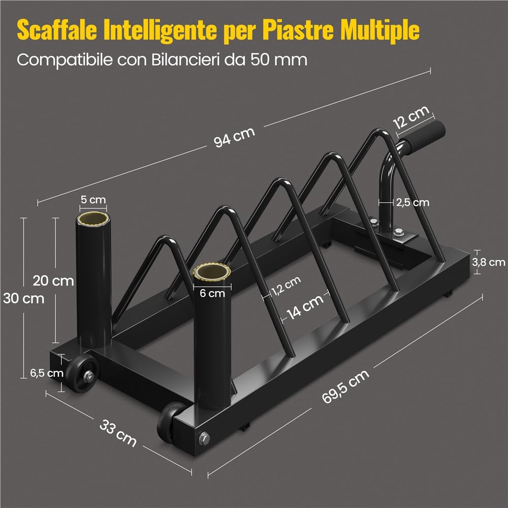 Yaheetech Supporto per Manubrio Rack di immagazzinaggio Mobile per Pesi Dischi Barre di Sollevamento con Maniglia di Trasporto e Ruote 4 Scomparti Fitness Gym Nero