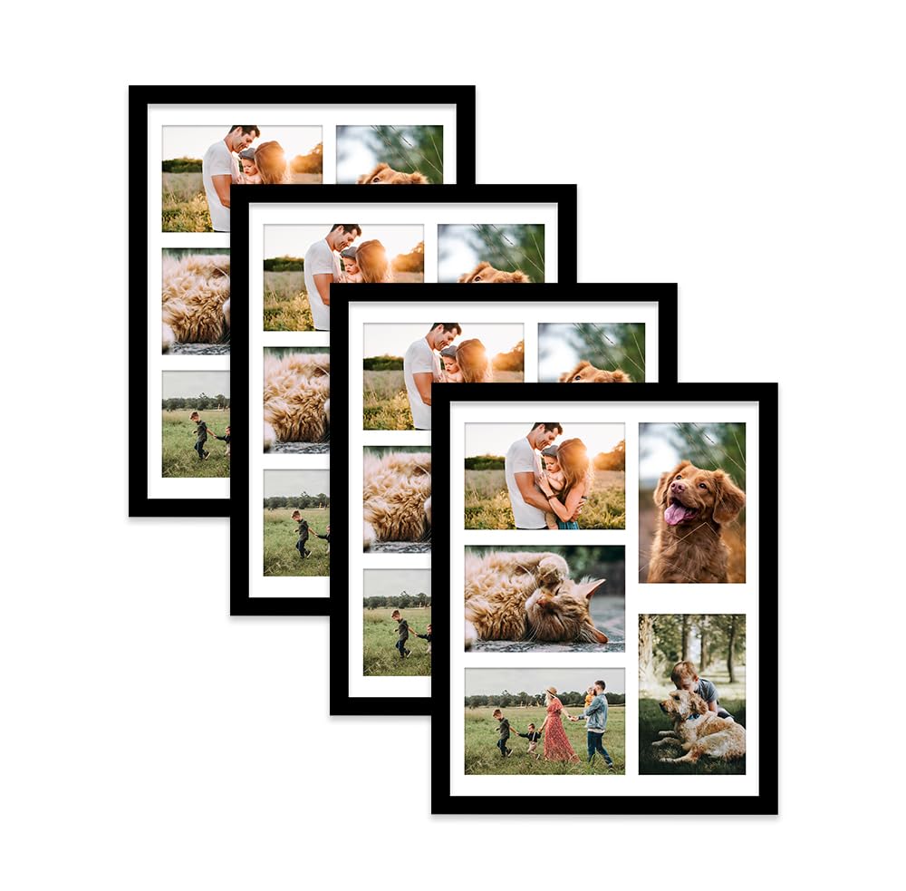 Black Multi Photo Frame - Holds 5 x 6x4 Pictures, Family Collage Picture Frame for Wall Display, 14x11 Frame size, Set of 4