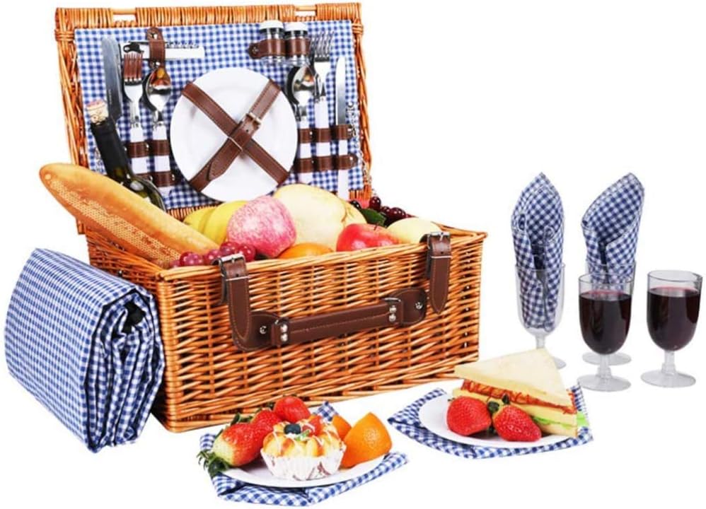 Willow Woven Picnic Basket with Lid for 4 Persons, Wicker Hamper Set, Portable Outdoor Picnic Basket Storage Basket with Tableware,Outdoor Storage Basket