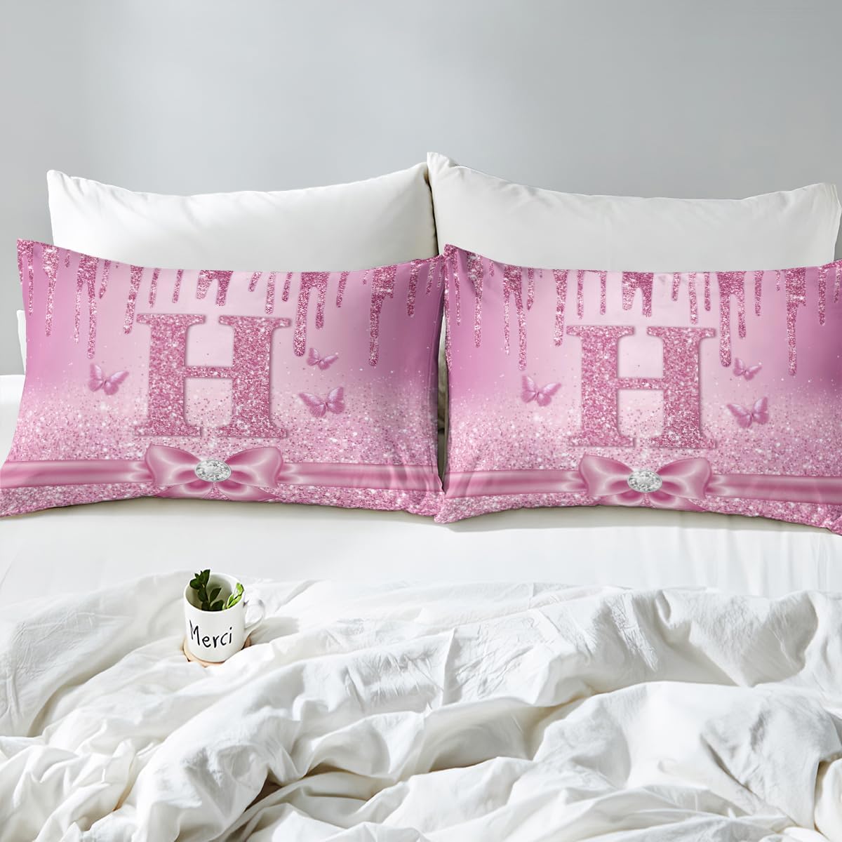 Erosebridal Monogrammed H Bed Sheets Full for Women - Glitter Personalized Initial Fitted Sheet Pink Purple Bow Diamond Bedding Set,Cute Coquette Alphabet Letters Bed Cover 3 Pcs
