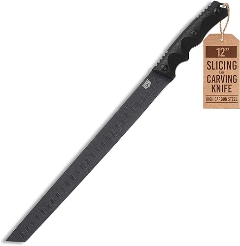 DFACKTO Cuchillo para rebanar y tallar, 12 pulgadas, serie interceptor, borde Granton, mango G10, acero de alto carbono, con funda, cubiertos