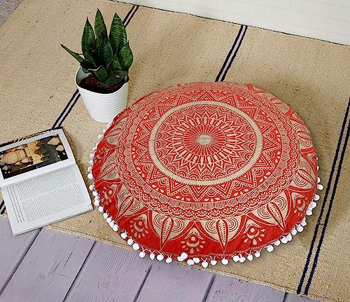 Image of 22" Round Mandala Floor Pillow Cover Cushion Sofa Seating Throw Hippie Round Colourful Decorative Bohemian Boho Chic dog bed Indian Pouf Ottoman Handmade (Ombre-Red Gold)