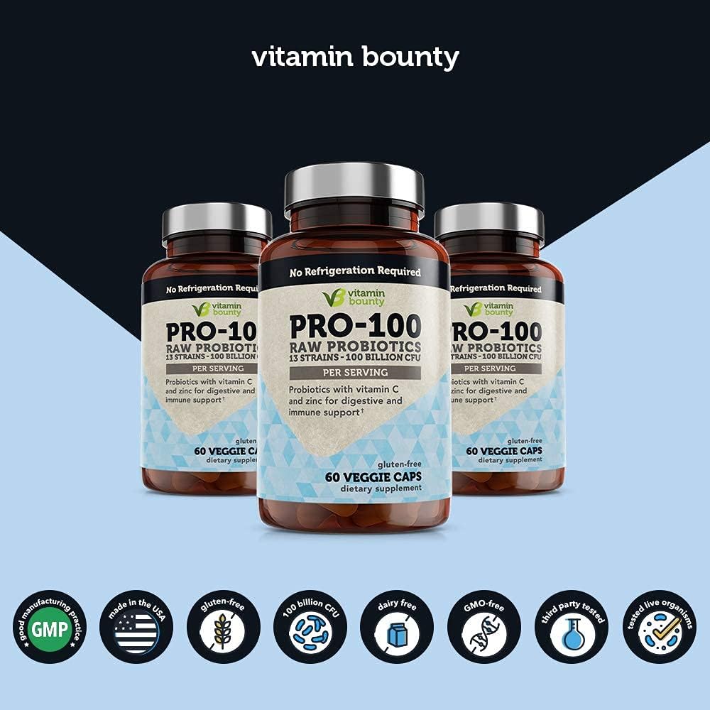 100 Billion CFU 13 Strains, Raw Probiotics with Vitamin C & Zinc for Immune Support, Gut & Digestive Health, with Delayed Release Embocaps - Pro-100 Vitamin Bounty : Health & Household