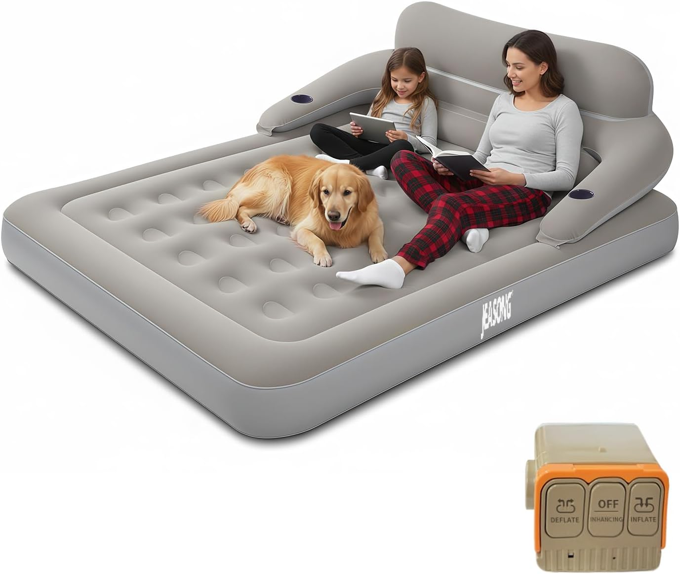 JEASONG Queen Air Mattress with Built-in Battery Pump, Inflatable Mattress with Headboard, 2 Min Fast Inflation Blow Up Mattress, Portable Inflatable Bed Air Mattress for Camping, Guest, Home, Travel