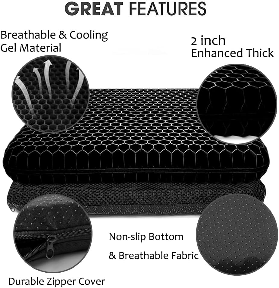 gel seat cushion for long sitting, extra thick gel cushion for wheelchair soft chair pads for office home chairs car seats long trips - back sciatica hip tailbone pain relief cushion (black) black extra thick: 16.5x14.5x2 inch