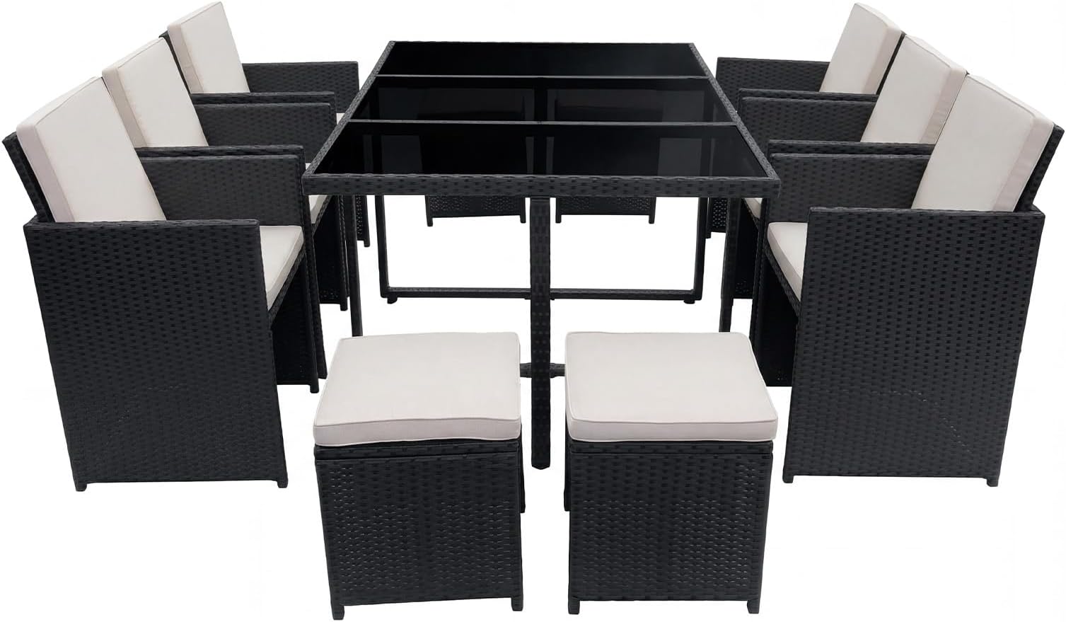 10 Seater Rattan Garden Dining Set with Large Table, 6 Chairs & 4 Stools, Space Saving Outdoor Furniture for Patio, Conservatory & Garden (Black Rattan with Beige Cushions)
