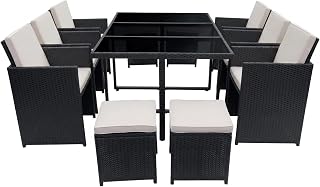 Panana 10 Seater Rattan Garden Dining Set with Large Table, 6 Chairs & 4 Stools, Space Saving Outdoor Furniture for Patio, Conservatory & Garden (Black Rattan with Beige Cushions)