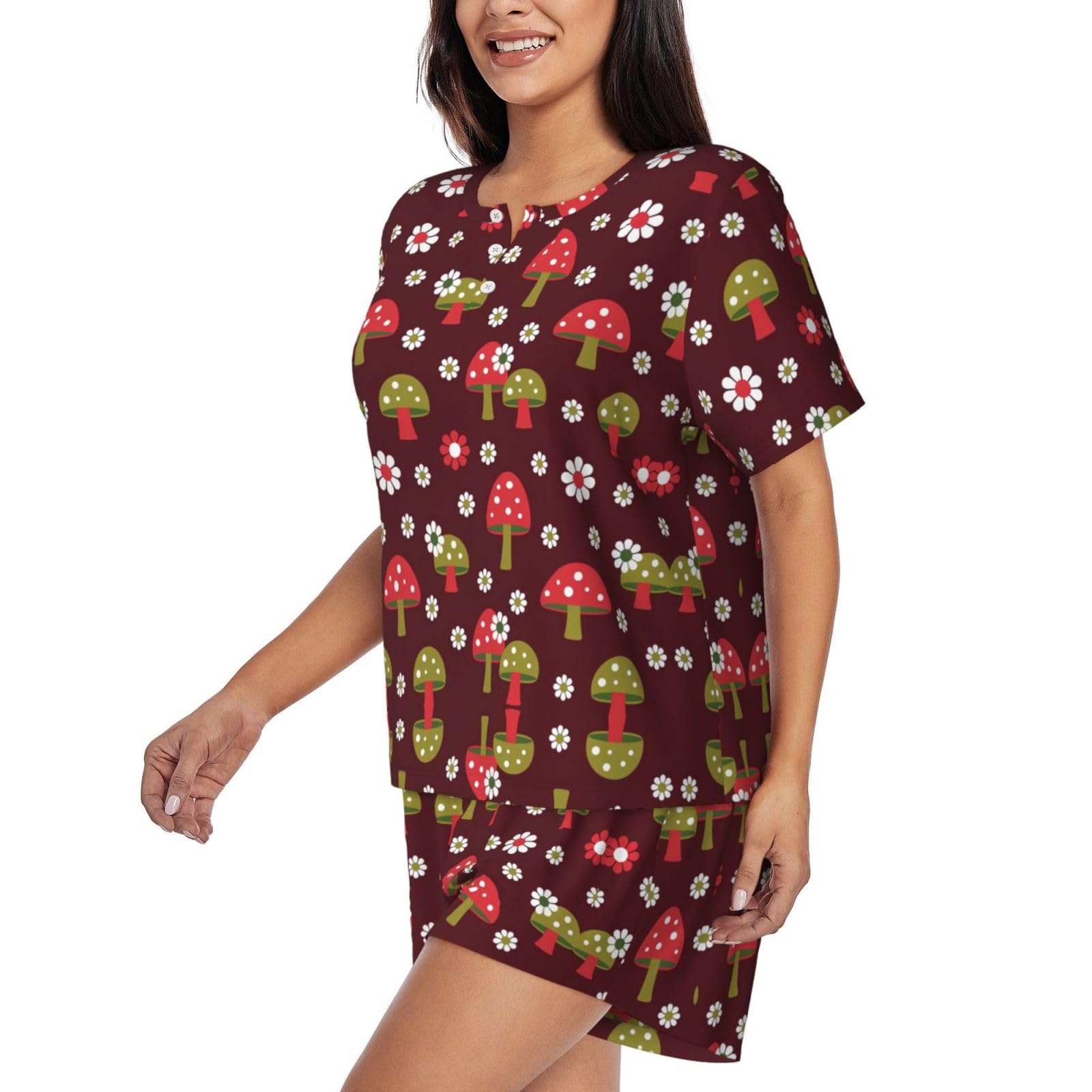 Conjunto de pijama de manga corta para mujer, pijama con estampado artístico de hongos brillantes para otoño e invierno, ropa de descanso con botones, ropa casual