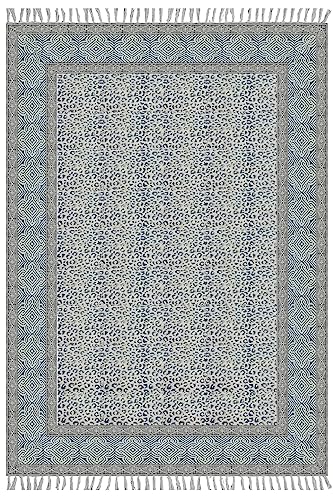 Tapis indien en coton lavable géométrique bleu gris carré
