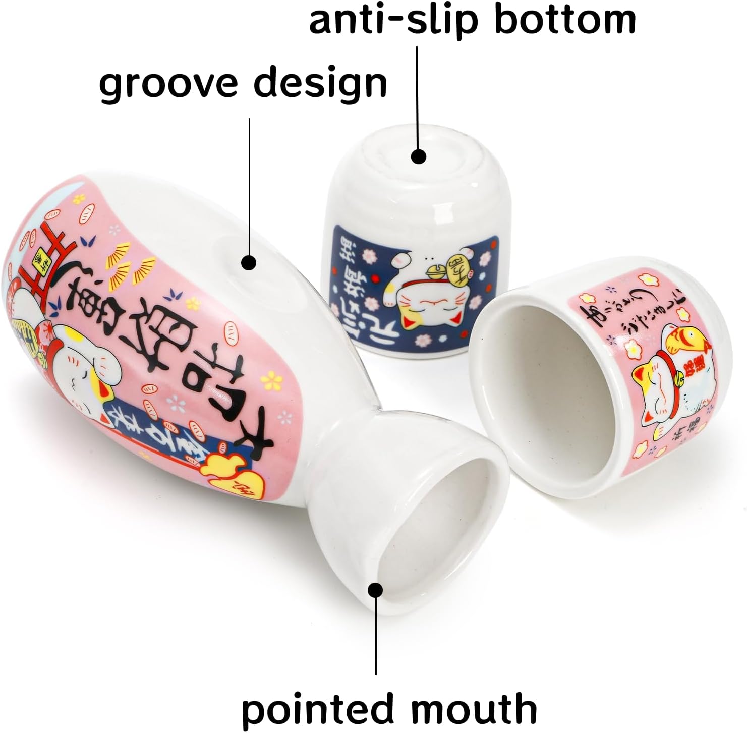 Goaste 5 Pieces Ceramic Japanese Sake Set, Durable Maneki Neko Sake Cups, Handmade Pottery Sake Glasses with 1 Bottle and 4 Cups in Cute Fortune Cat Pattern for Home Decoration, Gifting