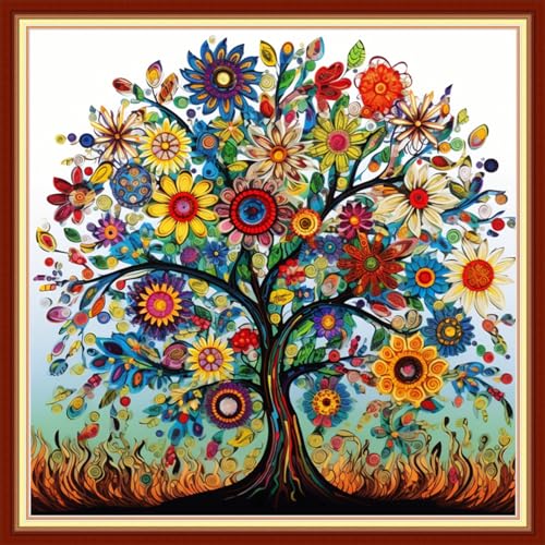 Image of Disxvivy Cross Stitch Stamped Full Embroidery Kits DIY 11CT Cotton Thread Printed DIY Needlepoint Kits Craft Needlework Set Cross-Stitch Stamped Sets-Colorful Life Tree 18x18 inch
