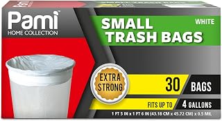 Small 4-Gallon Trash Bags [White 30 Bags] - Strong Multipurpose Plastic Wastebasket Trash Bags- Unscented Small Trash Can Liners For Kitchen, Bathroom, Office- 4-Gallon Garbage Bags, 1ft x1ft