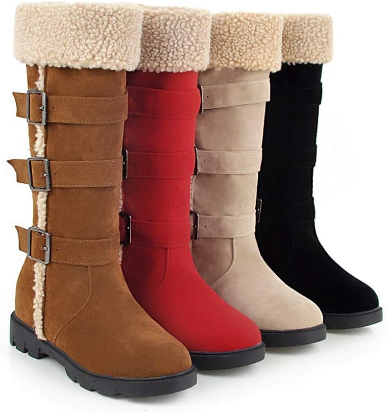 MIOKE Women's Winter Fur Mid Calf Snow Boots Waterproof Suede Buckle Quilted Slip On Wide Warm Snow Boot