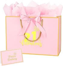 12.6Inch 21th Birthday Gift Bag with gift Card and Tissue Paper for Girl's 21th Birthday Supplies (Pink 21th)