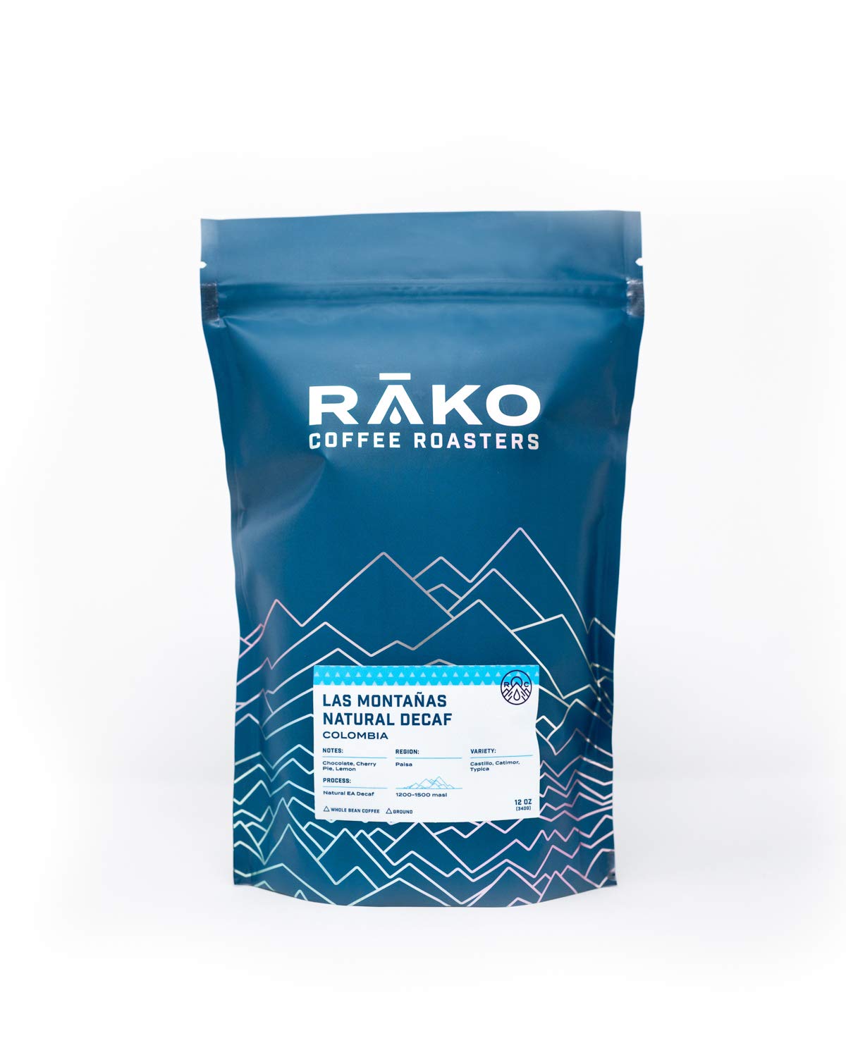 RĀKO COFFEE ROASTERS Las Montañas Colombian Natural Decaf, Fresh Ground Specialty Coffee, Medium Roast, 12 oz. Bag, 1-Pack