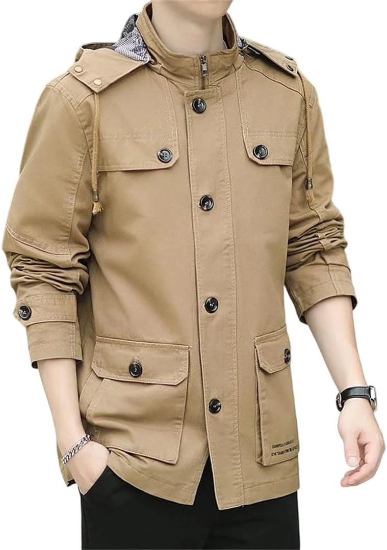 Men's Hooded Jacket Long Multi Pocket Coat Casual Loose Mid Length Comfortable Outerwear