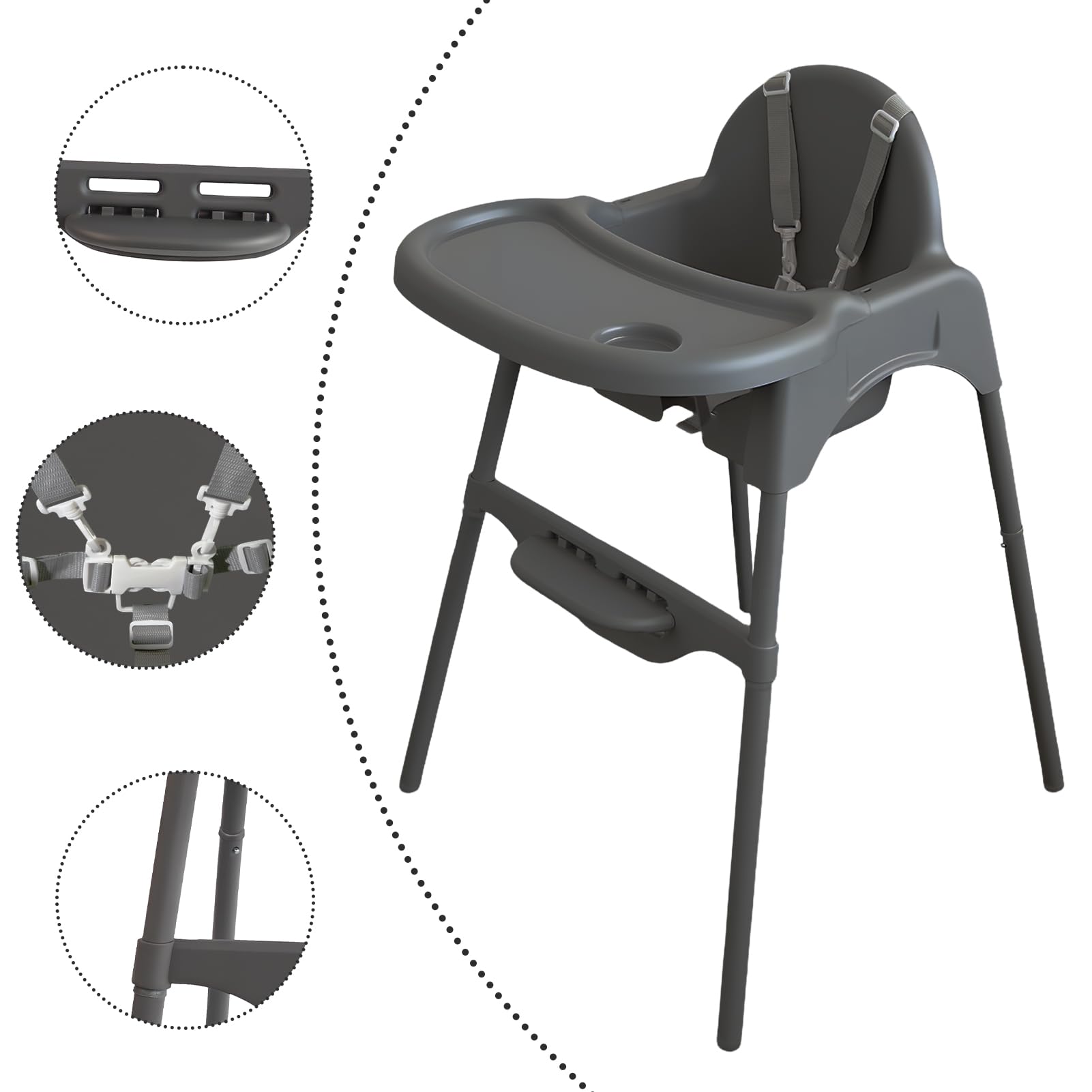 YALION Kinderhochstuhl, Höhenverstellbarer Hochstuhl mit Tablett, Baby Essstuhl für Babys & Kleinkinder von 6-36 Monaten, max. 15 kg, Grau