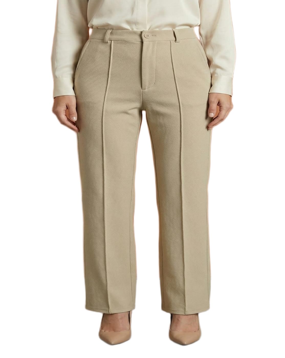 Campus Sutra Womenâ€™s High Waisted Work Pants â€“ Business Casual Straight Leg Dress Pants, Stretchy Pull On Office Trousers, Comfortable Wrinkle Resistant Slacks for Work, Travel & Interview in neutral