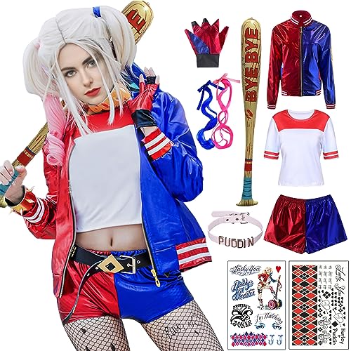Pantalón De Harley Quinn Para Mujer Y Niña - Culotte Azul Y Rojo Metalizado, Disfraz De Carnaval Y Halloween