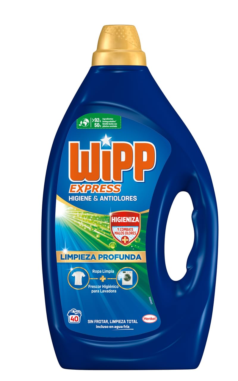 Wipp Express Limpieza Profunda Higiene & Antiolores (40X4) detergente lavadora líquido que combate malos olores, detergente quitamanchas ropa apto para agua fría