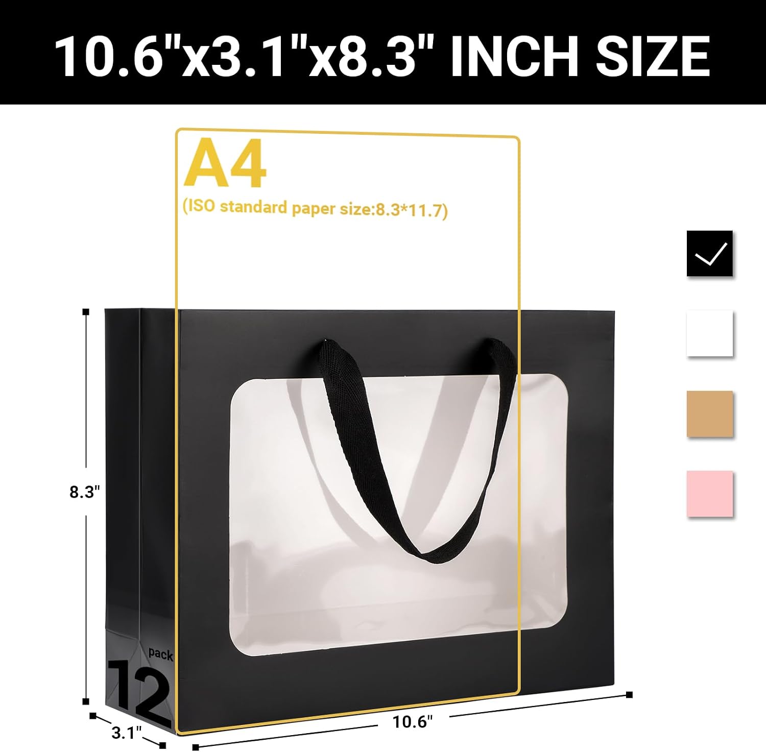 EUSOAR Birthday Gift Bags, 12pcs 10.6"x3.1"x8.3" Black Clear Transparent Paper Gift Bags with Handles, Bouquet Tote Gift Shopping Bags with Transparent Window for Wedding Festival Bridal Party Favor