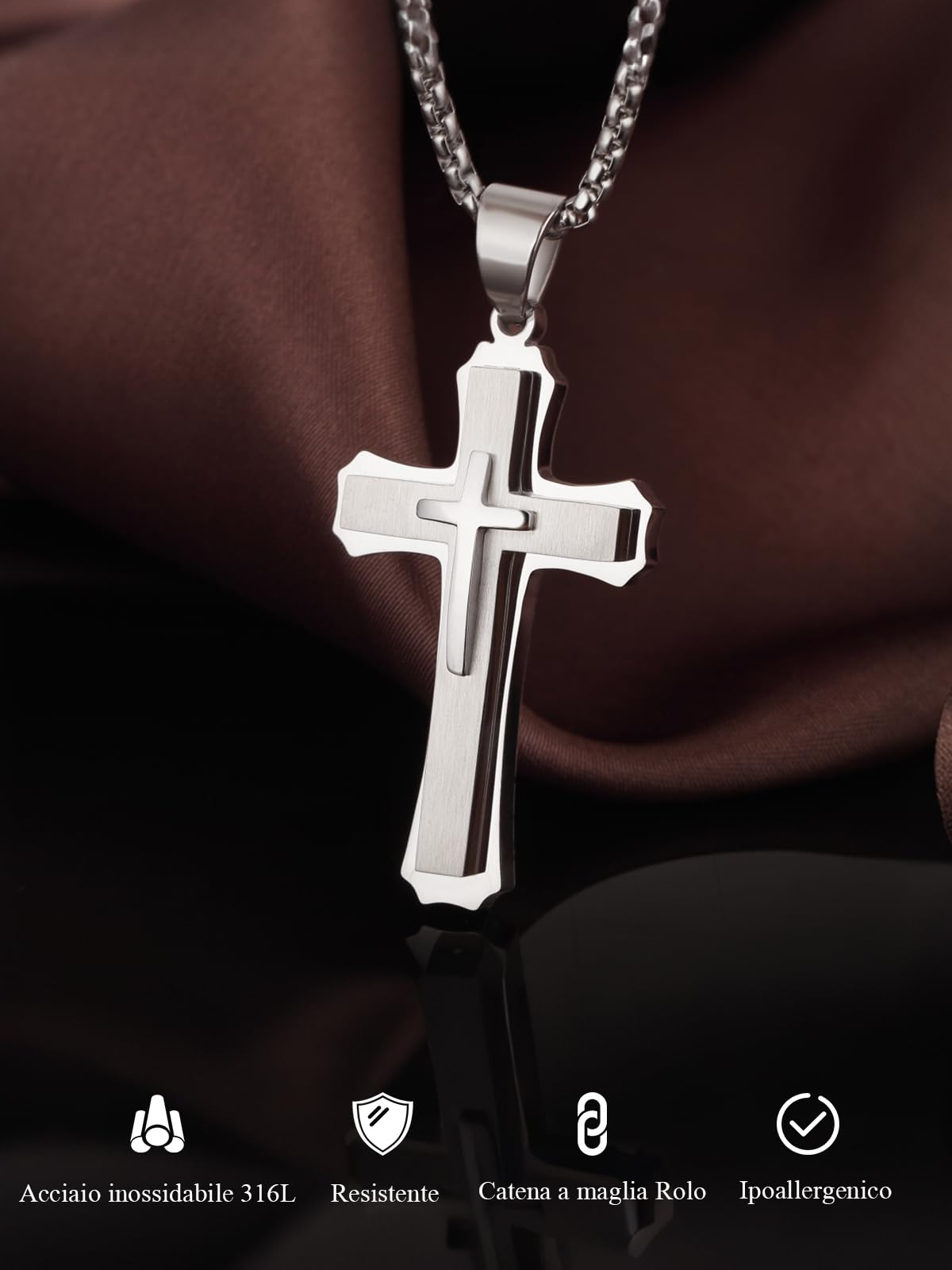 Collana Croce Uomo Argento/oro/nero Ciondolo Croce da Uomo Acciaio Inossidabile 316L Gioielli Cristiani