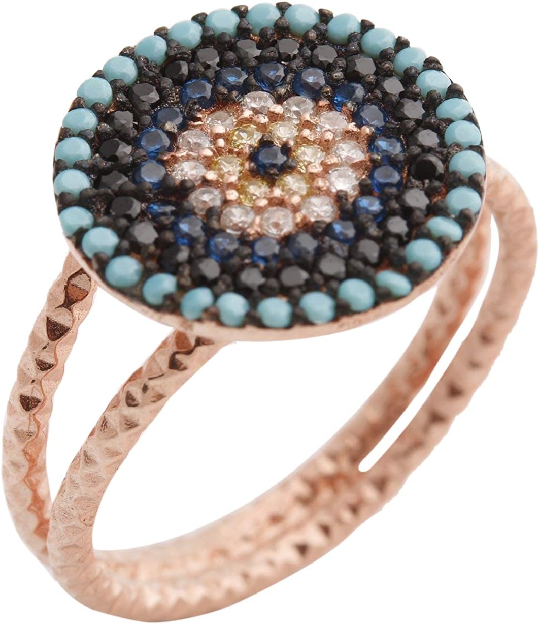 Evil Eye Protection Design Turkish Nazar Handmade Good Luck 925 Sterling Silver Round Cut Turquoise Sapphire Citrine White Topaz Rose Gold Ring All Size