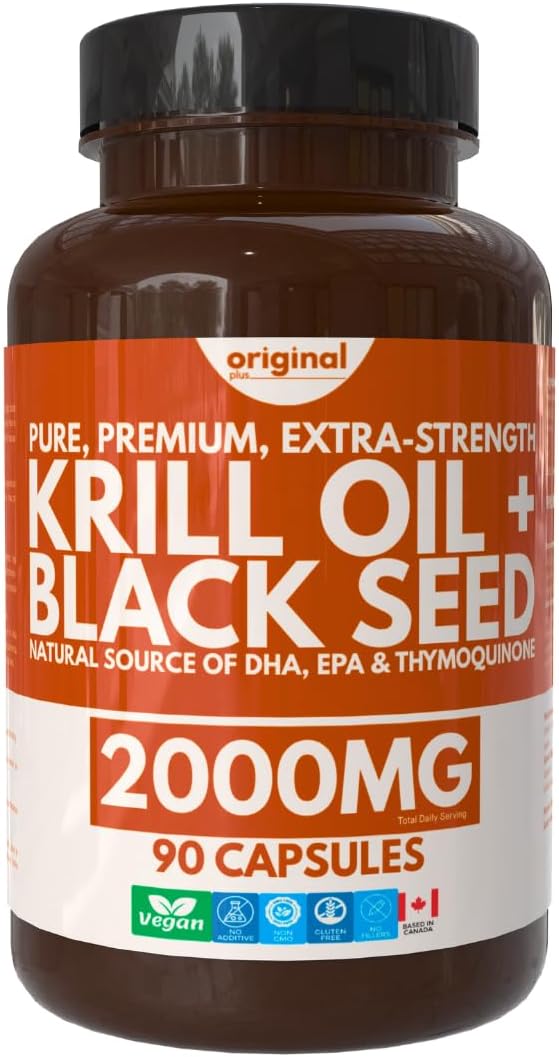 Original Plus Krill Oil with Black Seed Oil | 2000 mg Daily Dosage | High-Absorption DHA & EPA Omega-3 | Pure, Premium, Extra Strength | 90 Capsules | Original Plus