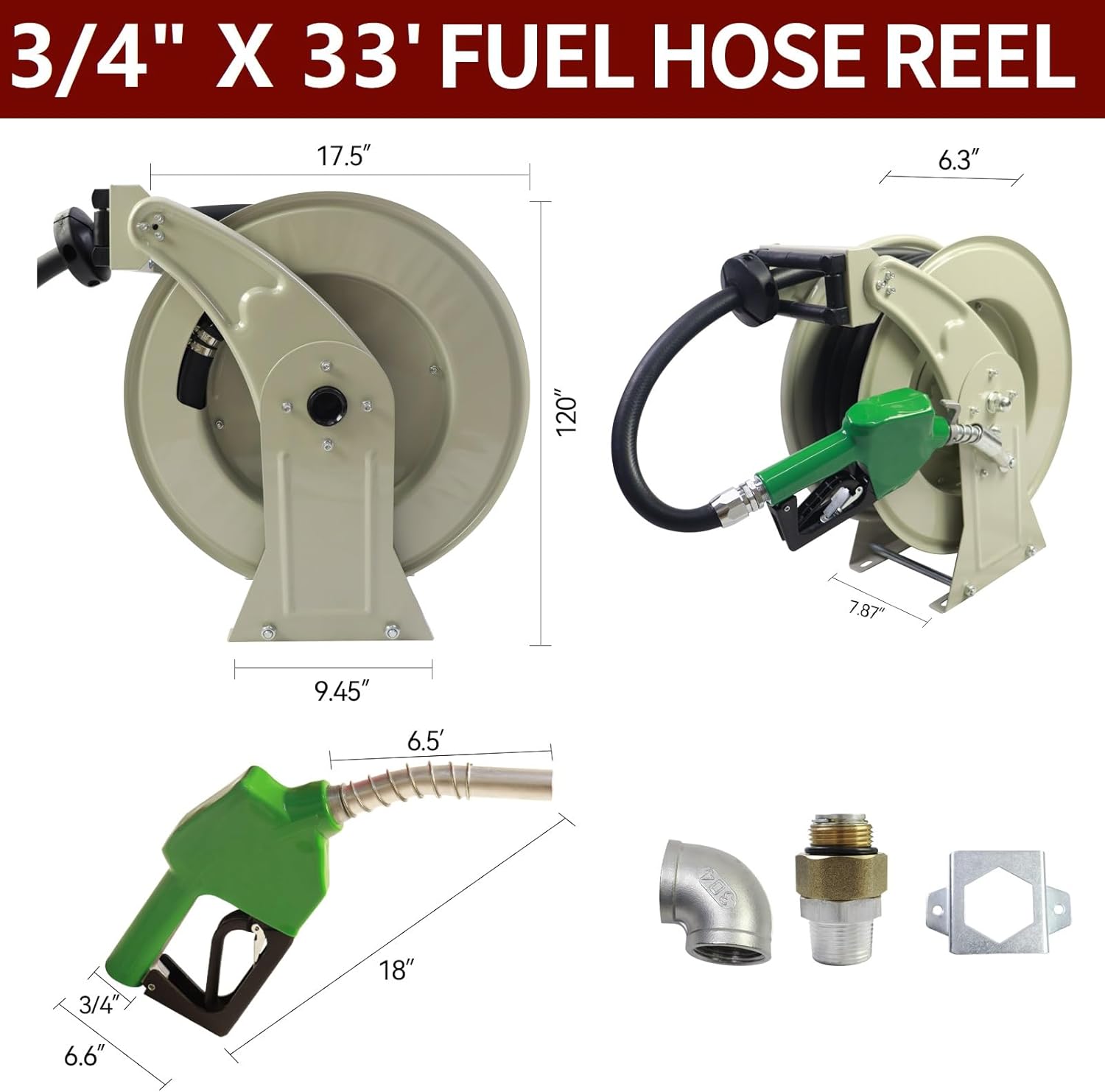 Fuel Hose Reel w/AUTO Fuel Nozzle,Fuel Hose Swivel,3/4"x33FT Retractable Diesel Hose Reel Retractor,300 PSI Industrial Heavy Duty Auto Swivel Rewind Hose Holder Reel,1"NPT Inlet,3/4" outlet