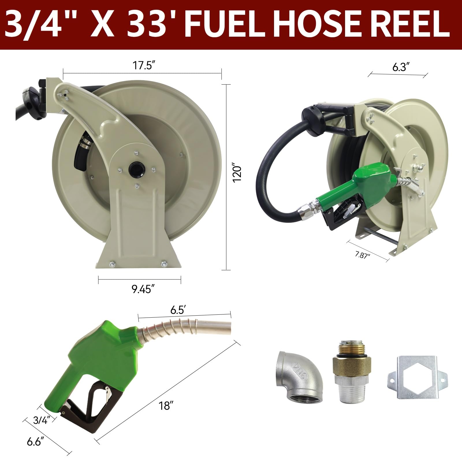 MENAITEK Fuel Hose Reel w/AUTO Fuel Nozzle,Fuel Hose Swivel,3/4