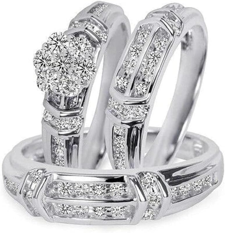 Round Cut White Diamond 925 Sterling Silver 14K White Gold Engagement Wedding Band Trio Bridal Ring Set for Him & Her, VUOIN-4593
