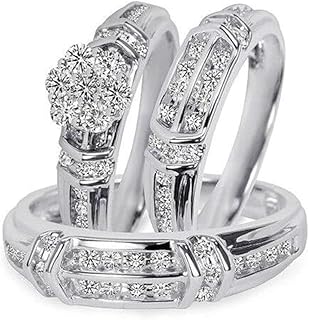 Round Cut White Diamond 925 Sterling Silver 14K White Gold Engagement Wedding Band Trio Bridal Ring Set for Him & Her