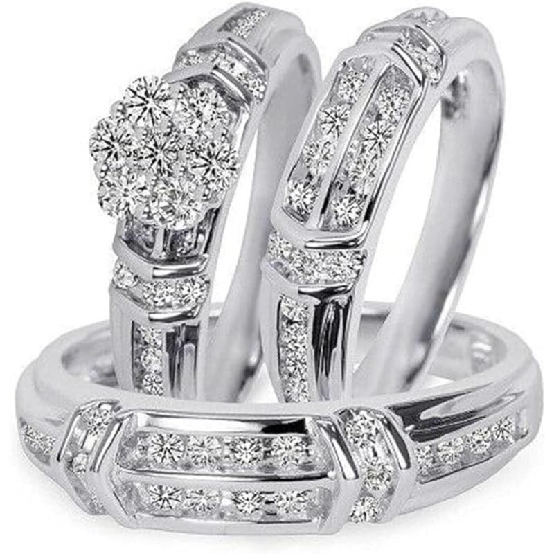Round Cut White Diamond 925 Sterling Silver 14K White Gold Engagement Wedding Band Trio Bridal Ring Set for Him & Her