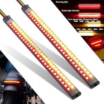 2Pcs 7.5 inch Motorcycle LED Tail Light Strips 54 LEDs Red Brake Tail Light Stop Tail Lihgt Amber Turn signal Light Multifunction Waterproof Flextible LED Strips for Motorcycle ATV.